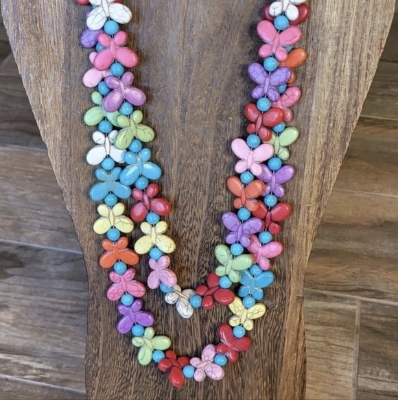 Unbranded Jewelry - Double Strand Distressed Rainbow Butterfly Stone Beaded Necklace w/ Extender